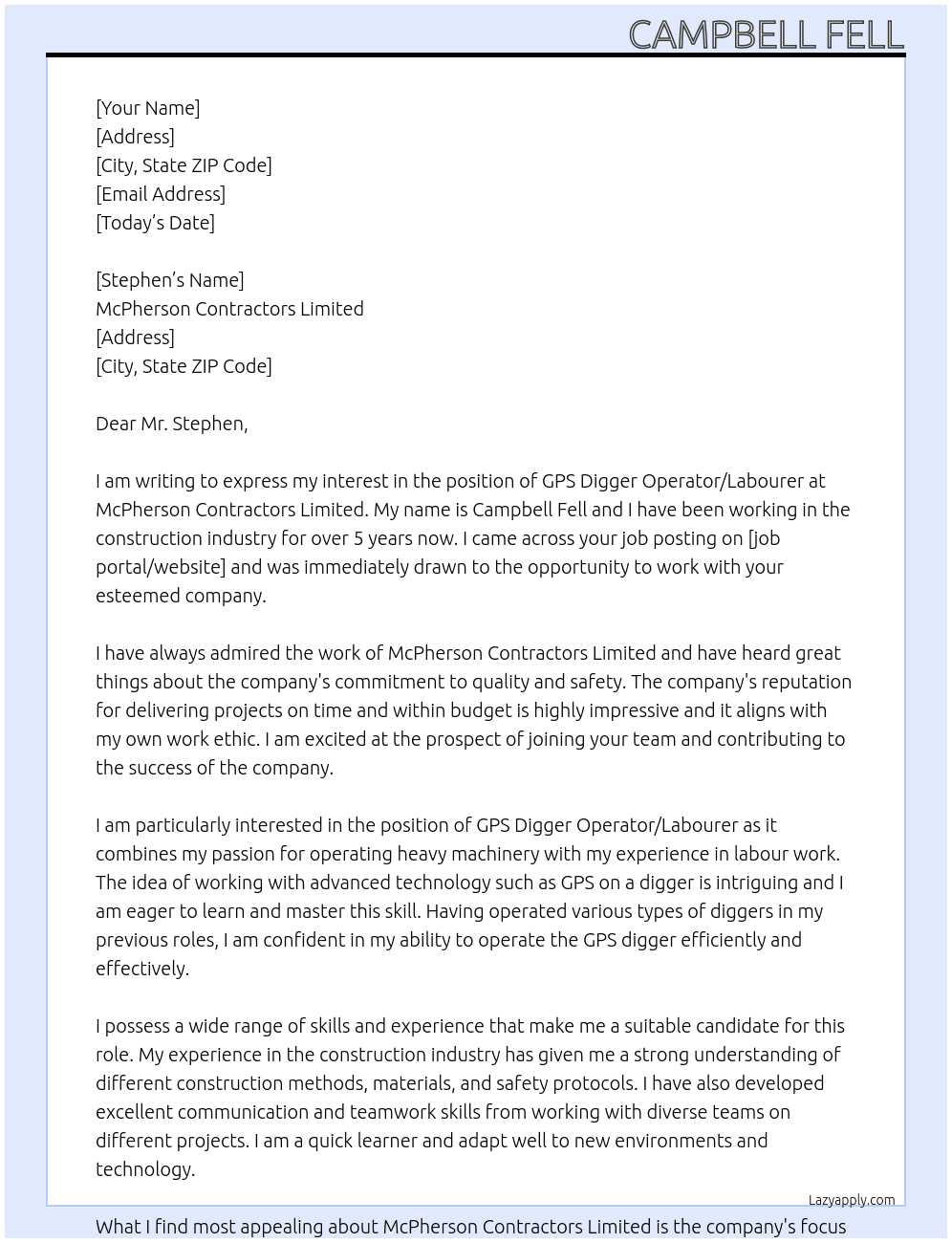 GPS Digger Operator/Labourer At McPherson Contractors Limited Cover Letter