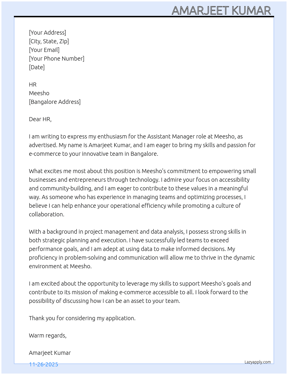 Meesho  At Meesho  Cover Letter