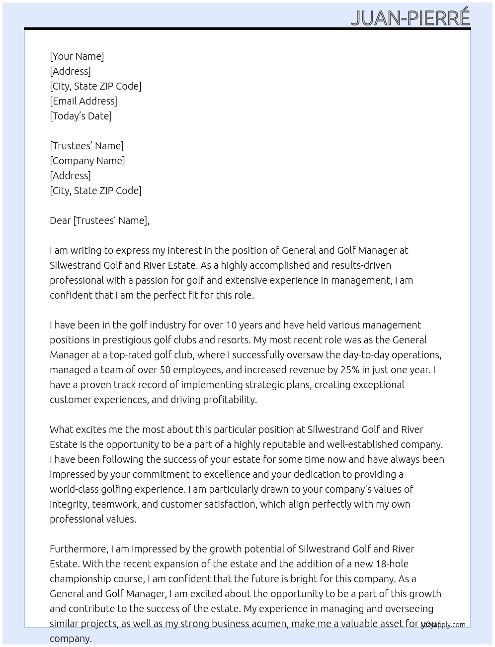General- and Golf Manager At Silwestrand Golf and River Estate Cover Letter