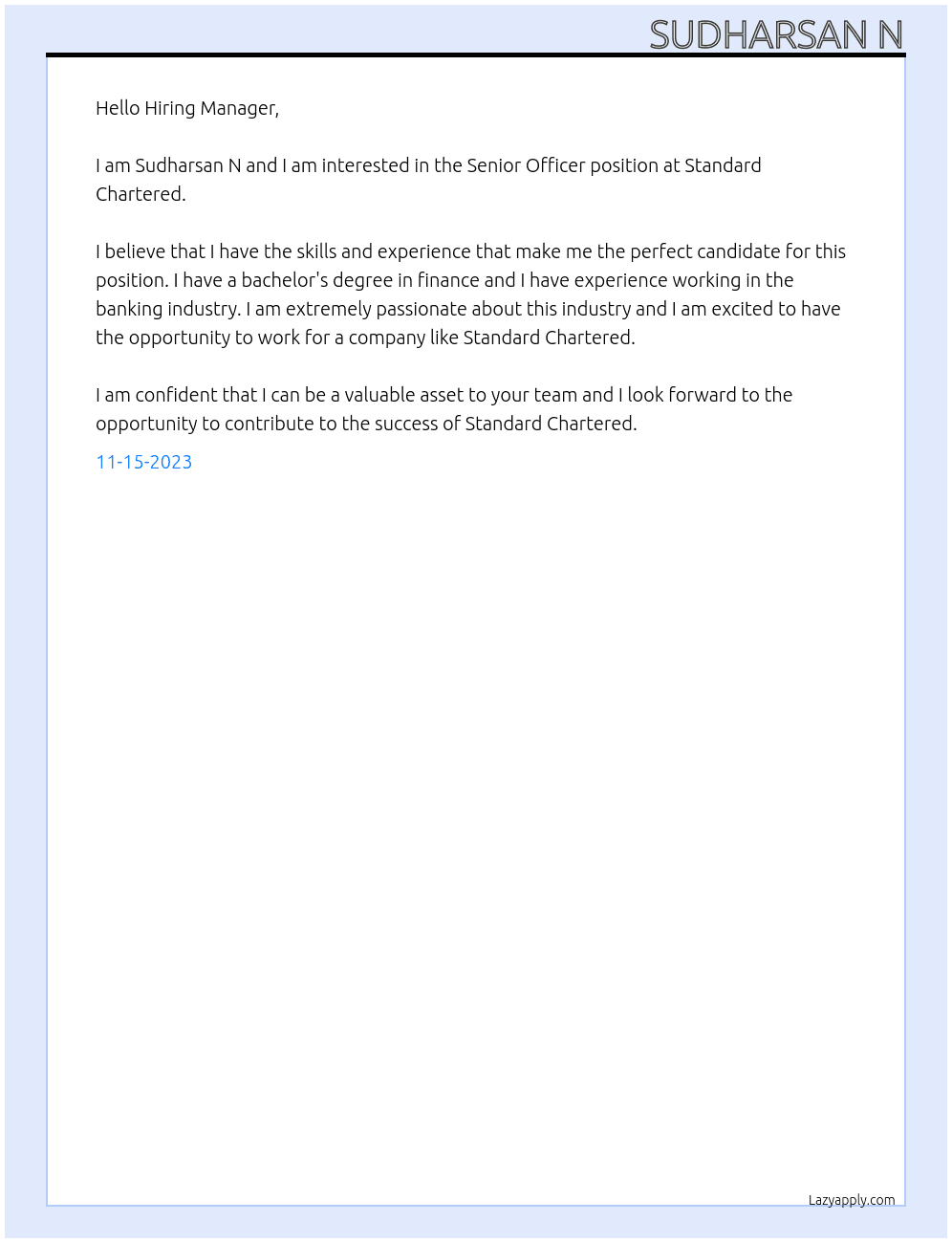 Senior Officer At Standard Chartered Cover Letter