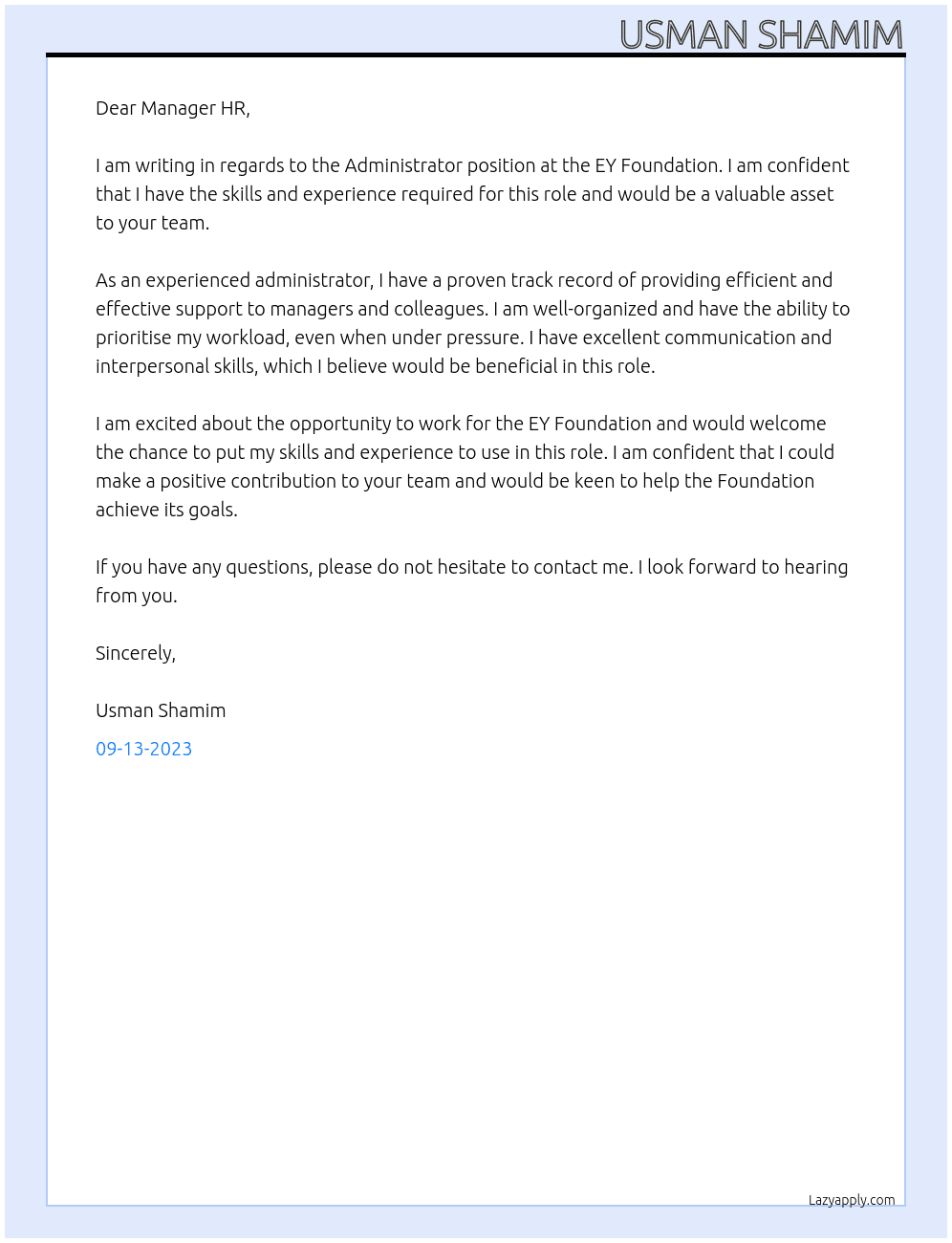 Administrator At EY Foundation Cover Letter