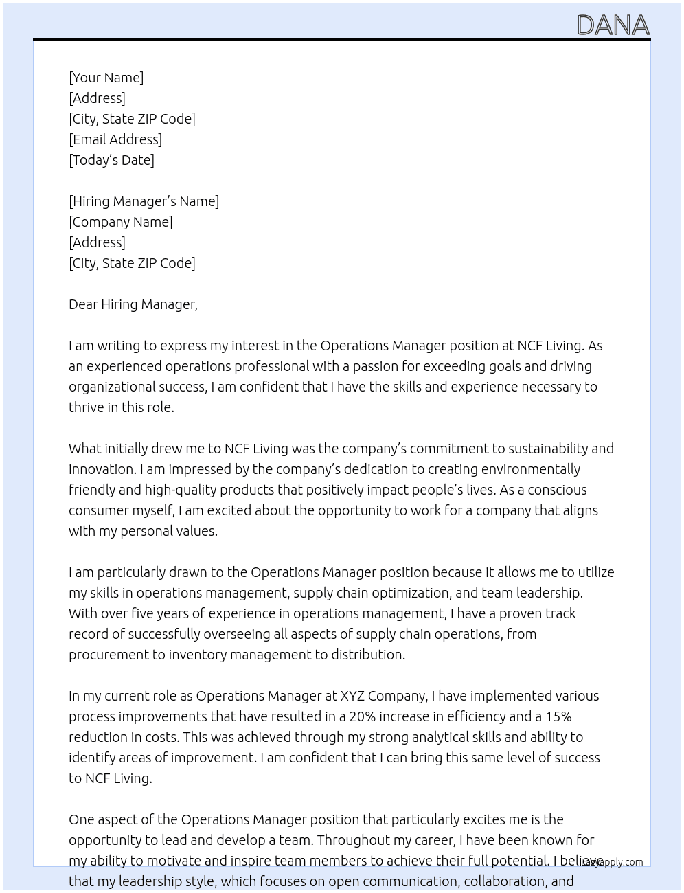 Operations Manager At NCF Living Cover Letter