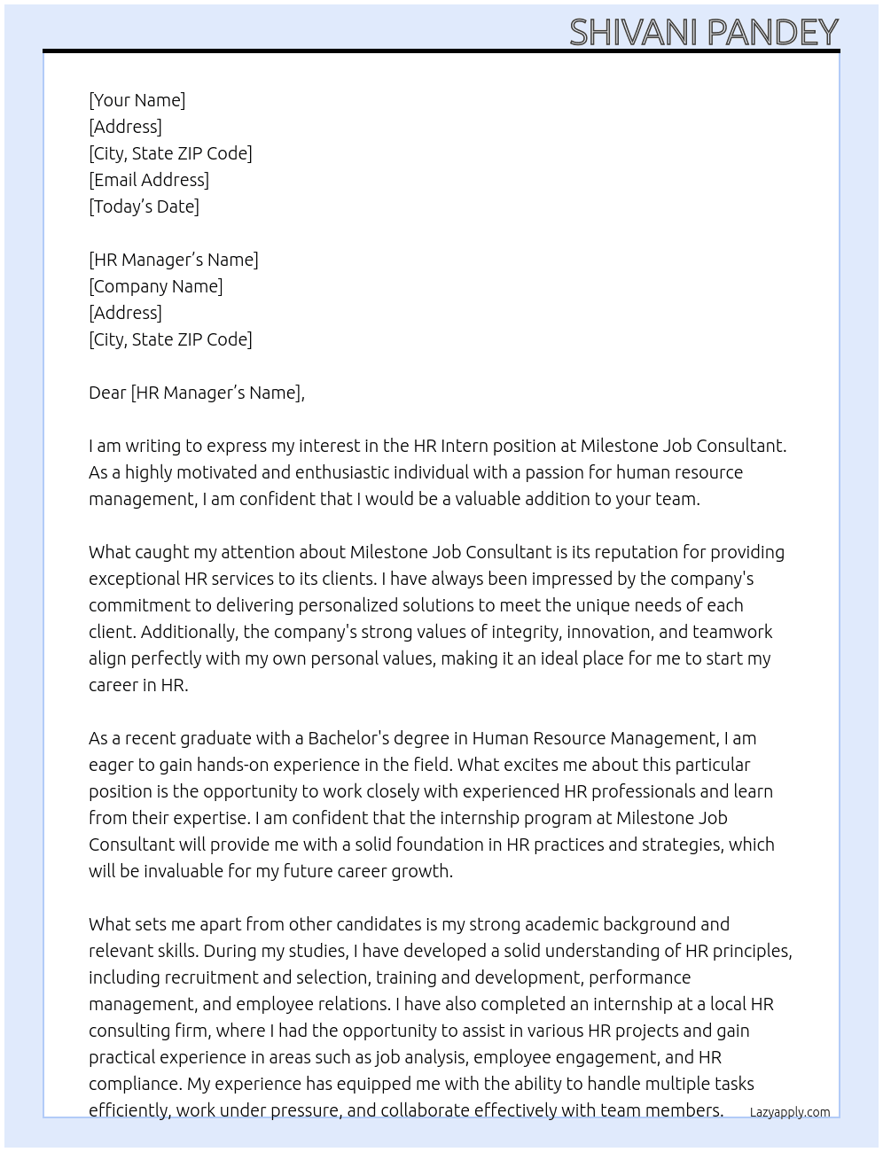 HR intern At Milestone job consultant Cover Letter