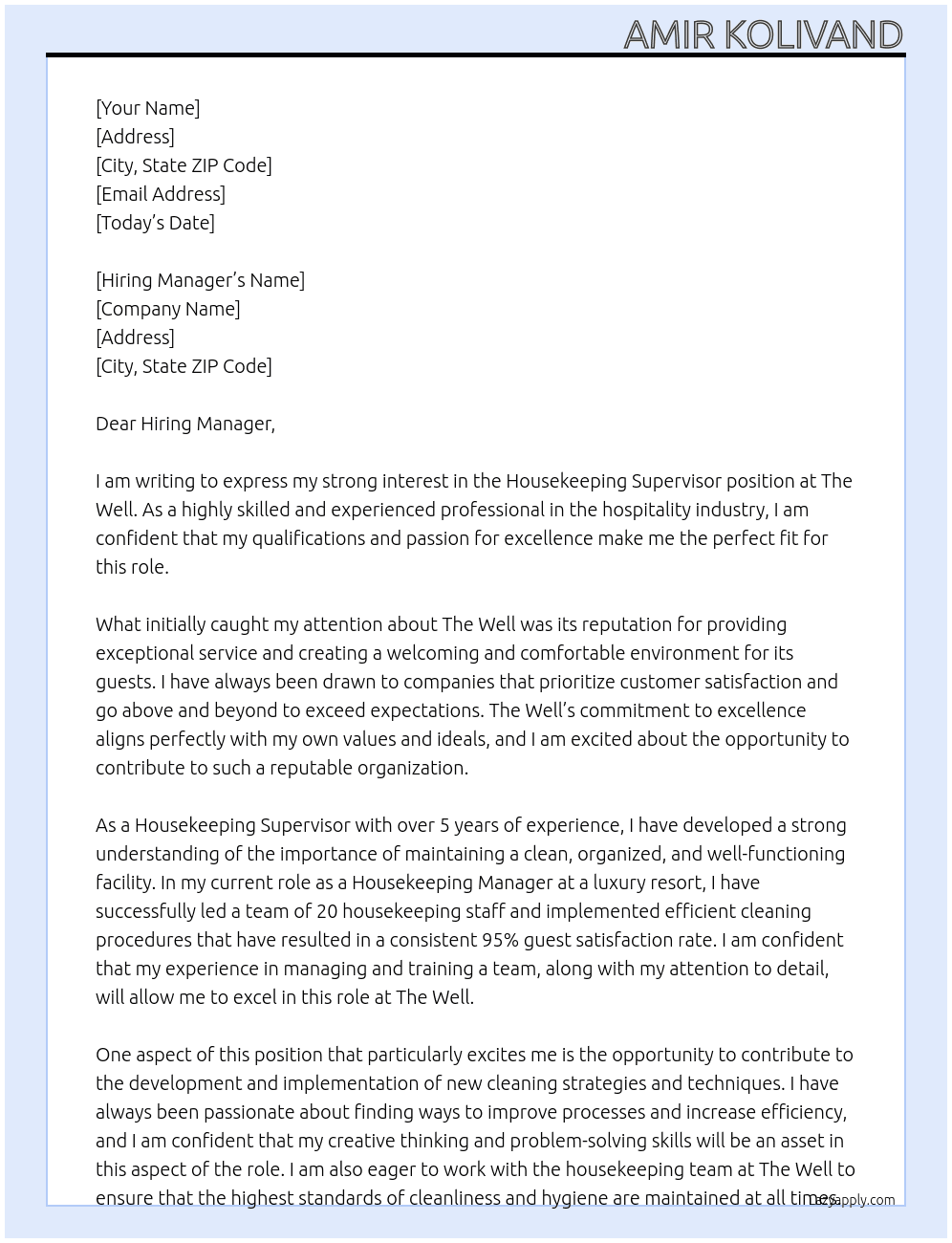 Housekeeping Supervisor At The well Cover Letter