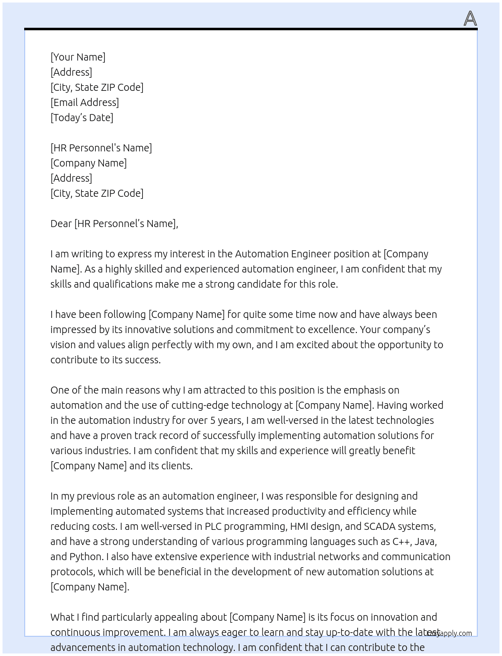 Automation Engineer At WP Cover Letter