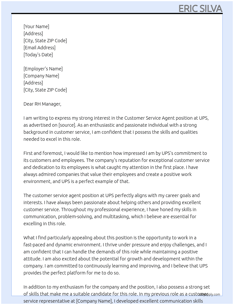 Customer service agent At UPS Cover Letter