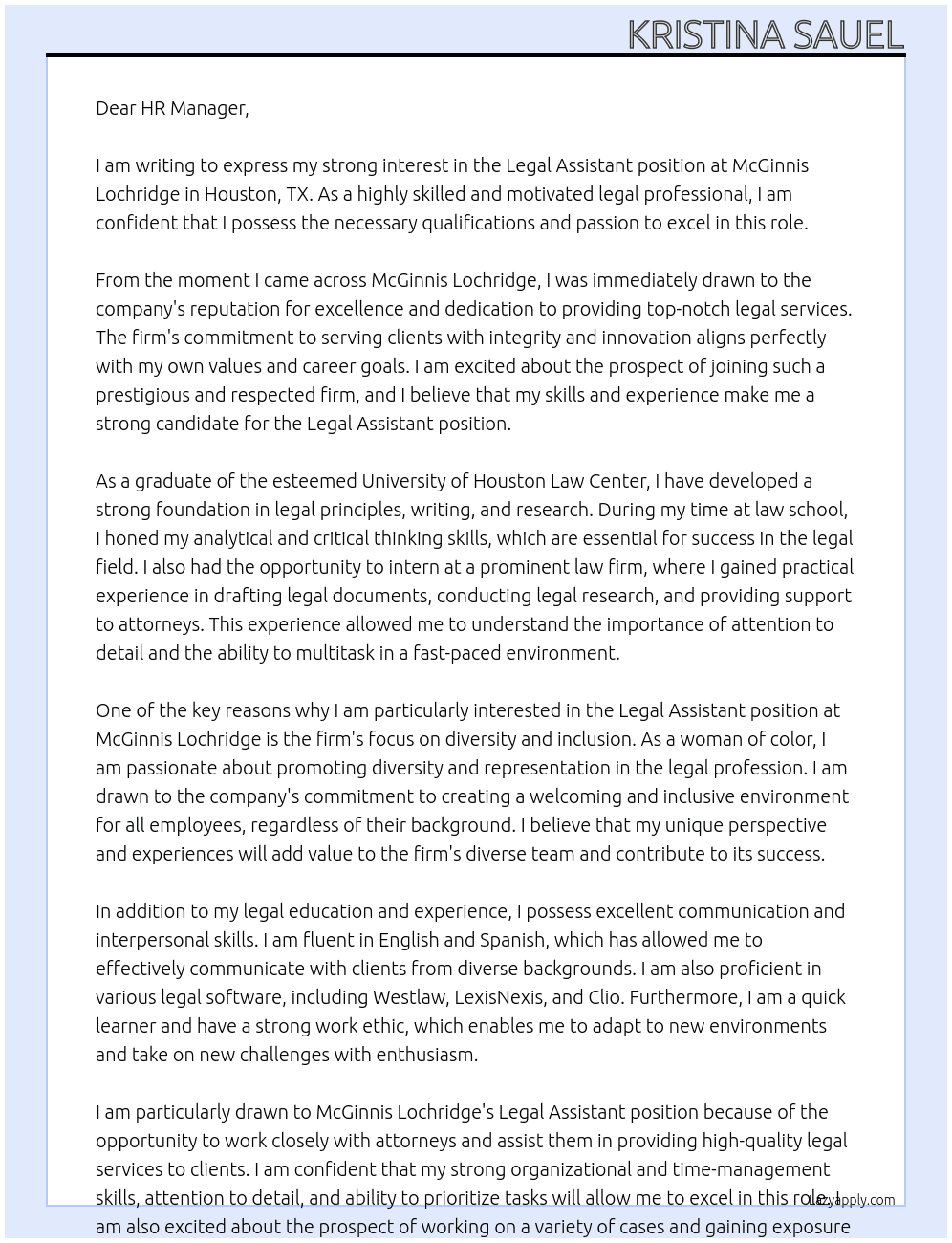Legal Assistant At McGinnis Lochridge Cover Letter