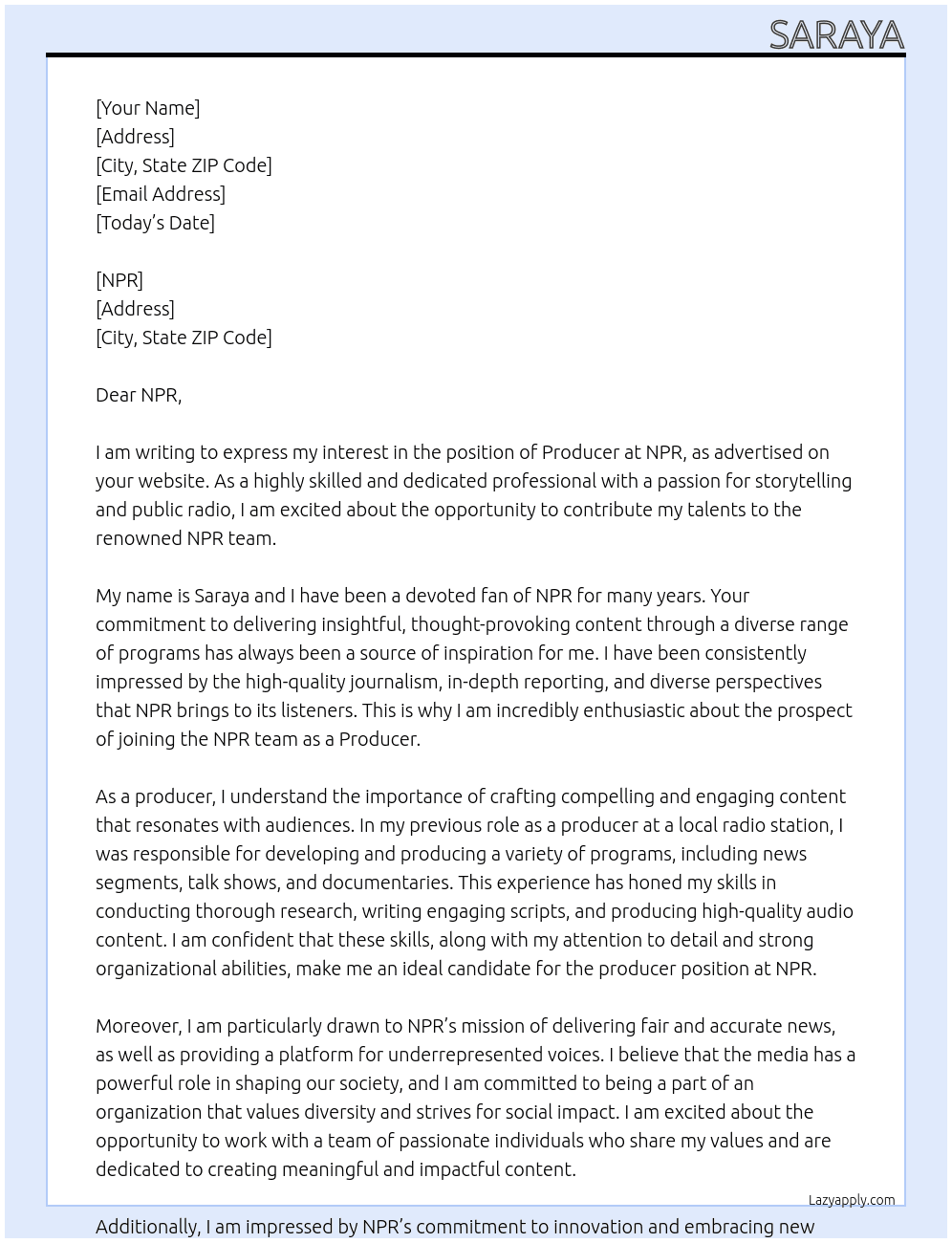 producer At NPR Cover Letter
