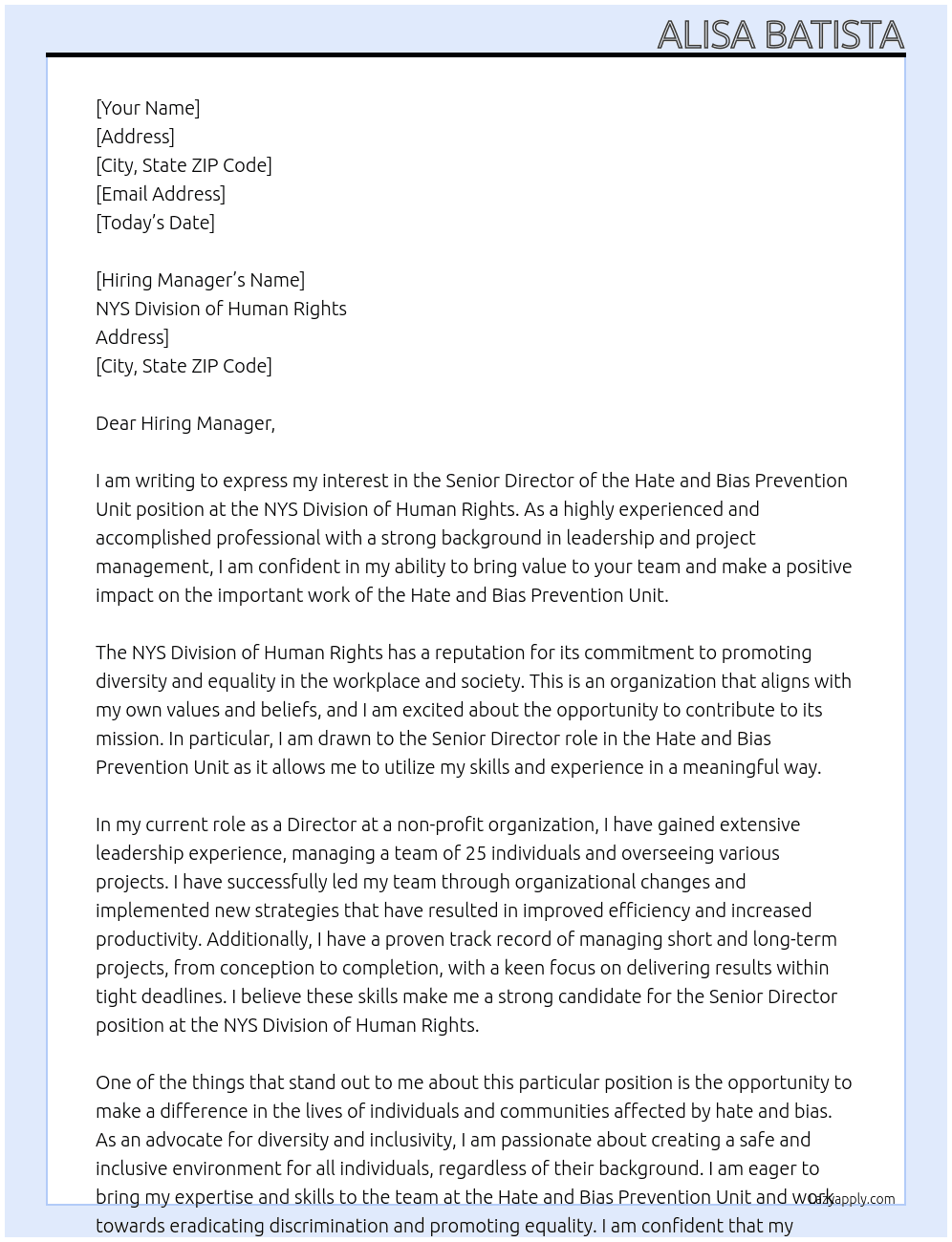 Senior Director of the Hate and Bias Prevention Unit At NYS Division of Human Rights Cover Letter