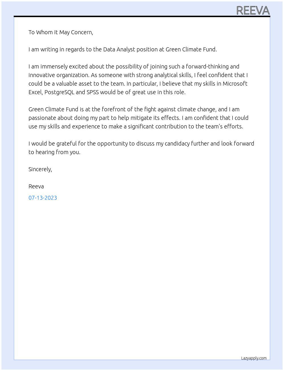 Data Analyst At Green Climate Fund Cover Letter