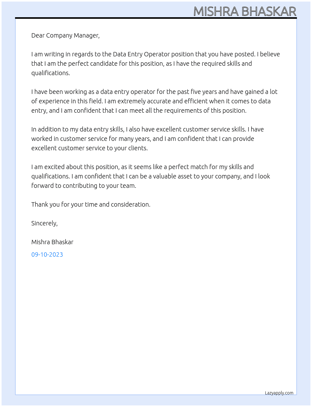 Data entry operator At Data entery remote work Cover Letter