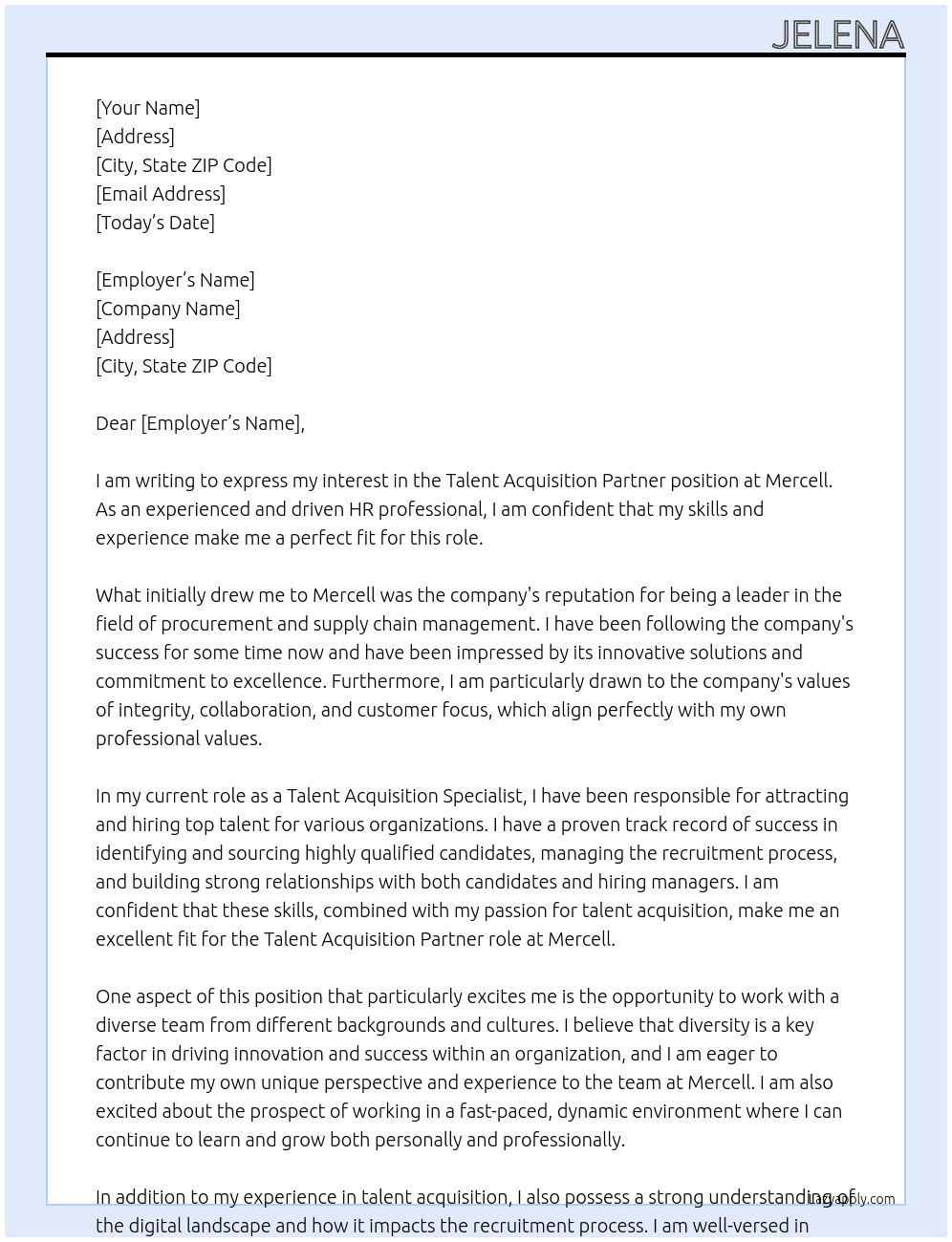 Talent Acquisition Partner At Mercell Cover Letter