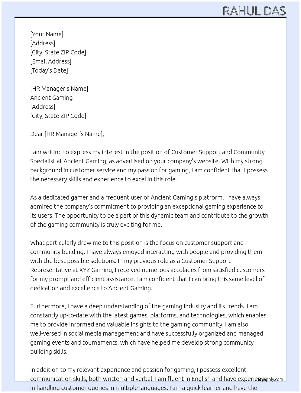 Customer Support and Community Specialist  At Ancient Gaming Cover Letter