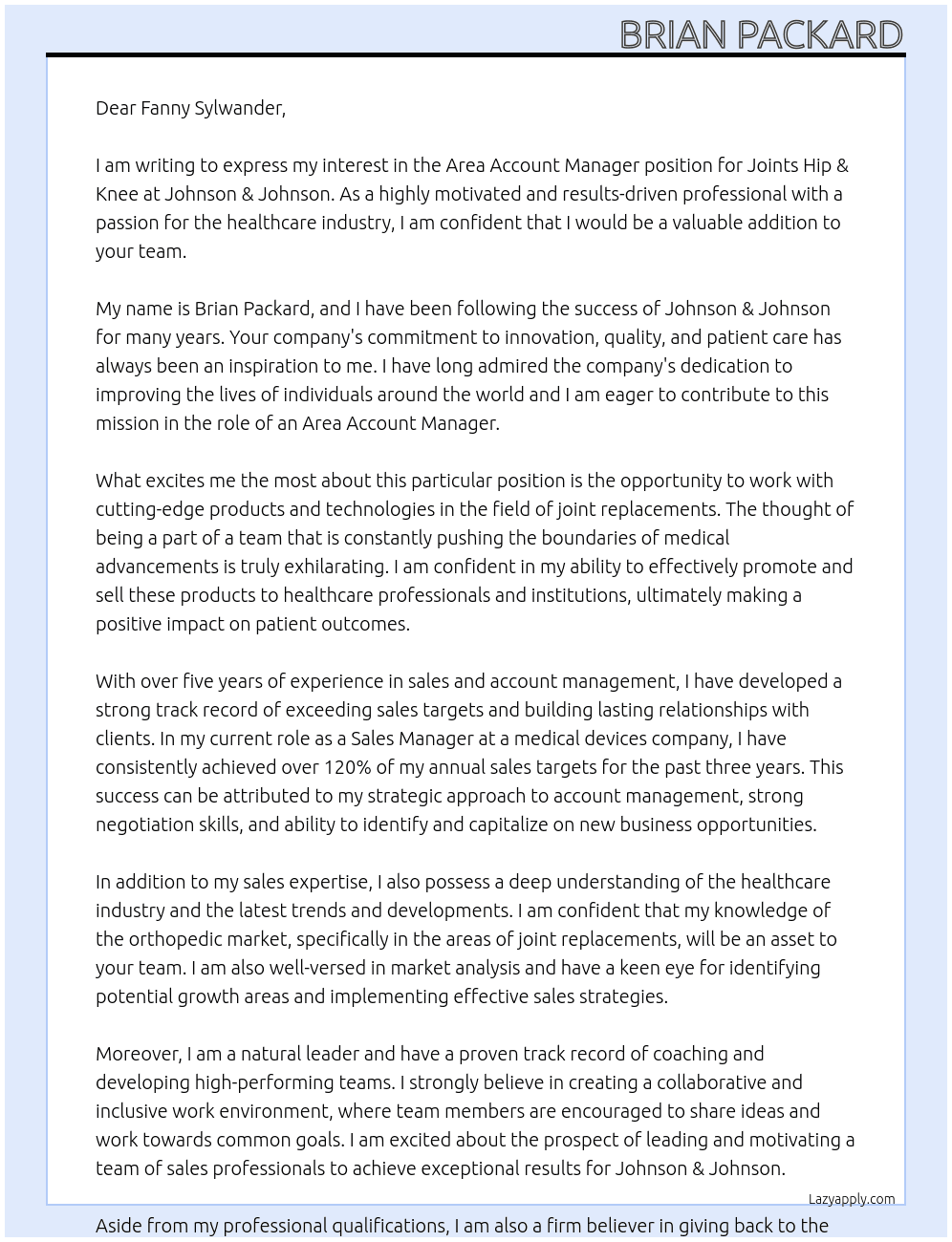 Area Account Manager - Joints Hip & Knee At Johnson & Johnson Cover Letter