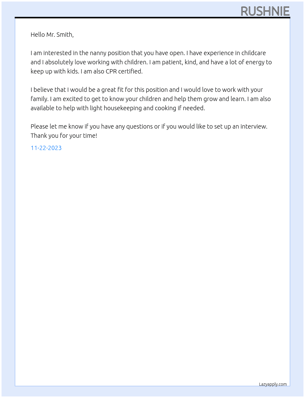 Nanny  At N/A Cover Letter