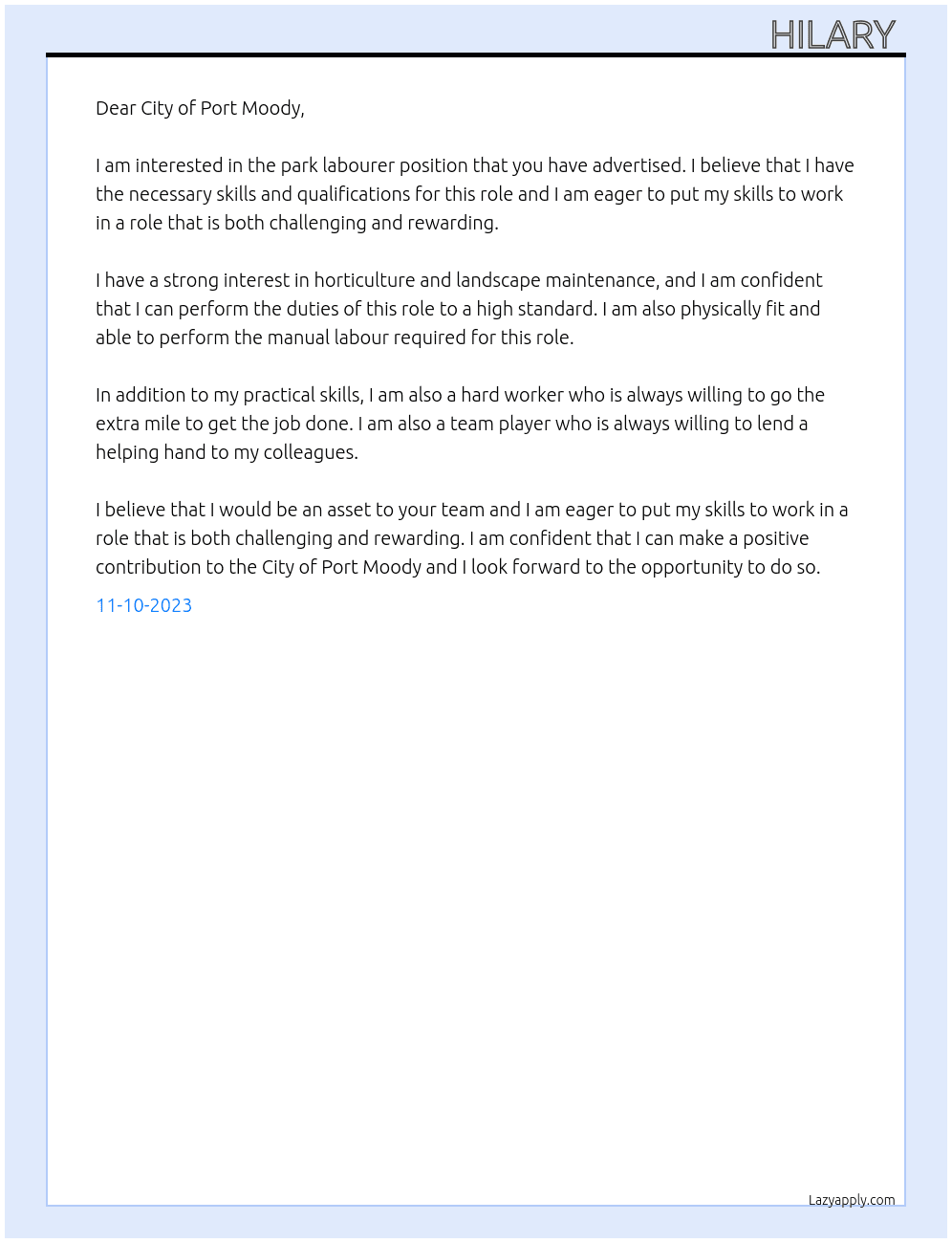Park labourer At City of Port Moody  Cover Letter