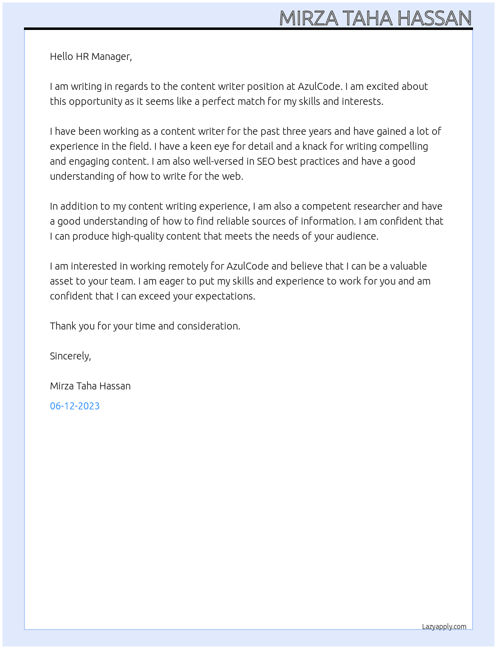 Content Writer At AzulCode Cover Letter