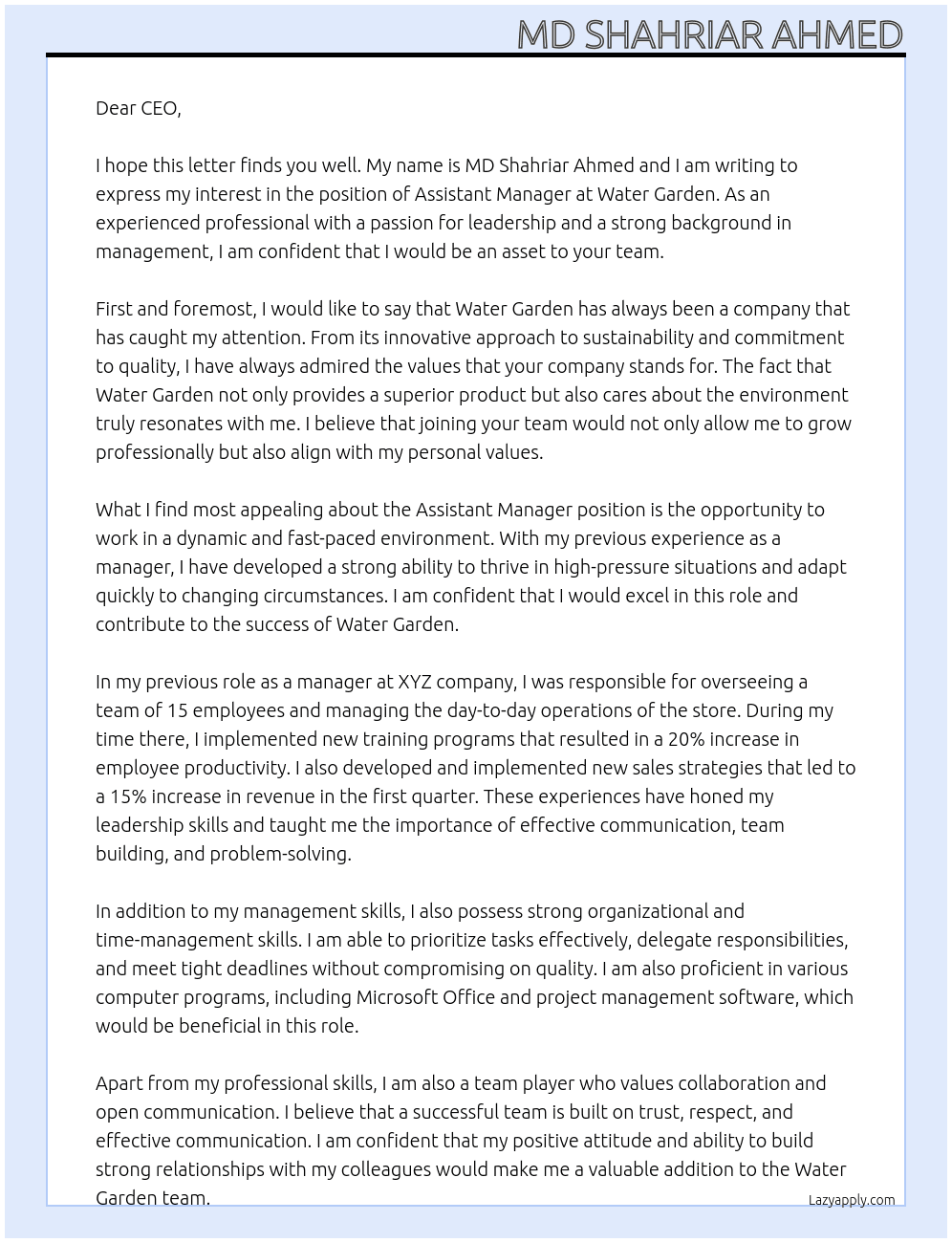 ASSISTANT MANAGER At WATER GARDEN Cover Letter