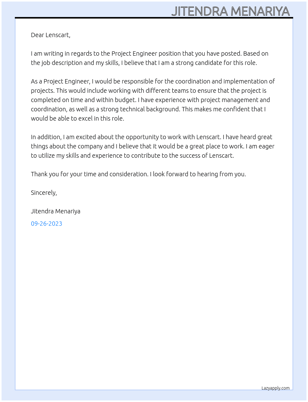 Project engineer  At Lenscart  Cover Letter