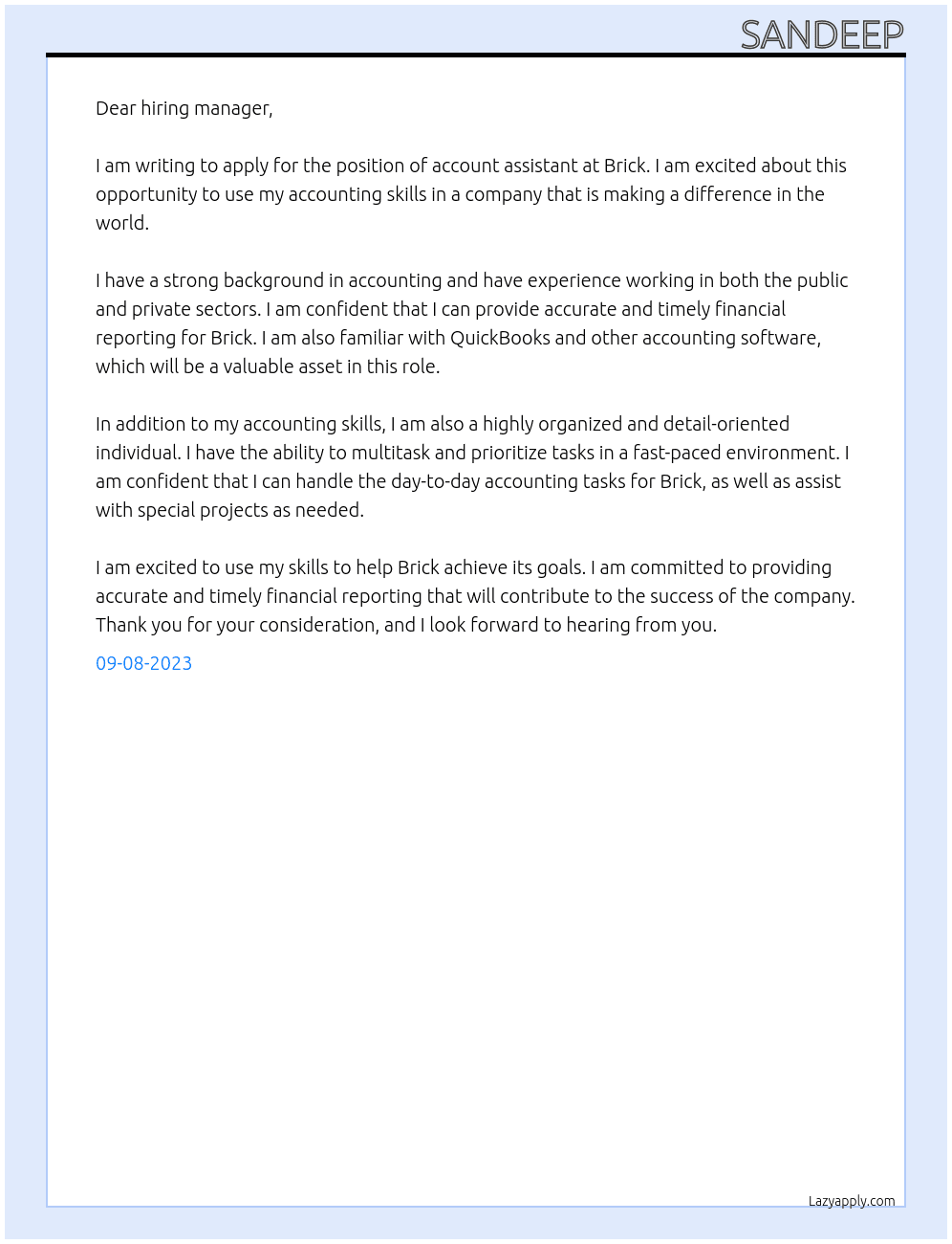 Account Assistant At Brick Cover Letter