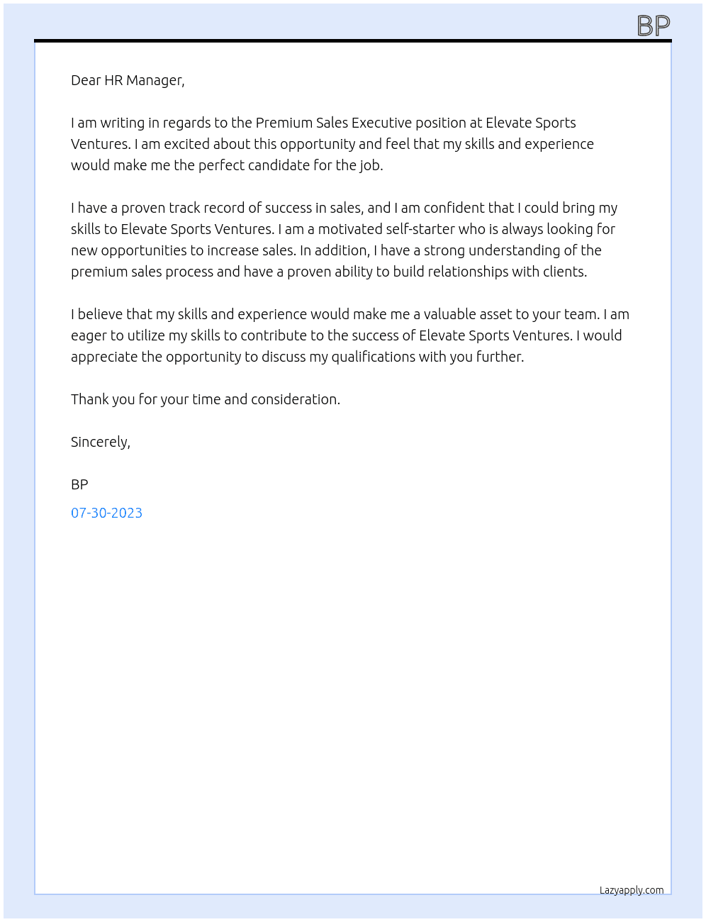 Premium Sales Executive At Elevate Sports Ventures Cover Letter
