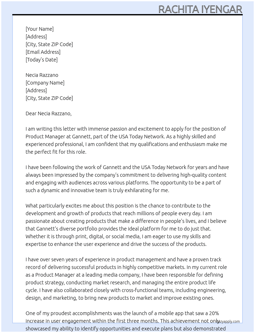Product Manager At Gannett at USA Today Network Cover Letter