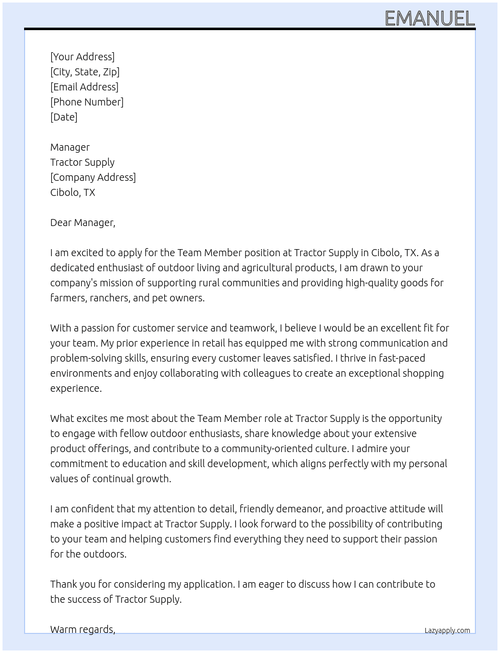 Team member At Tractor Supply Cover Letter