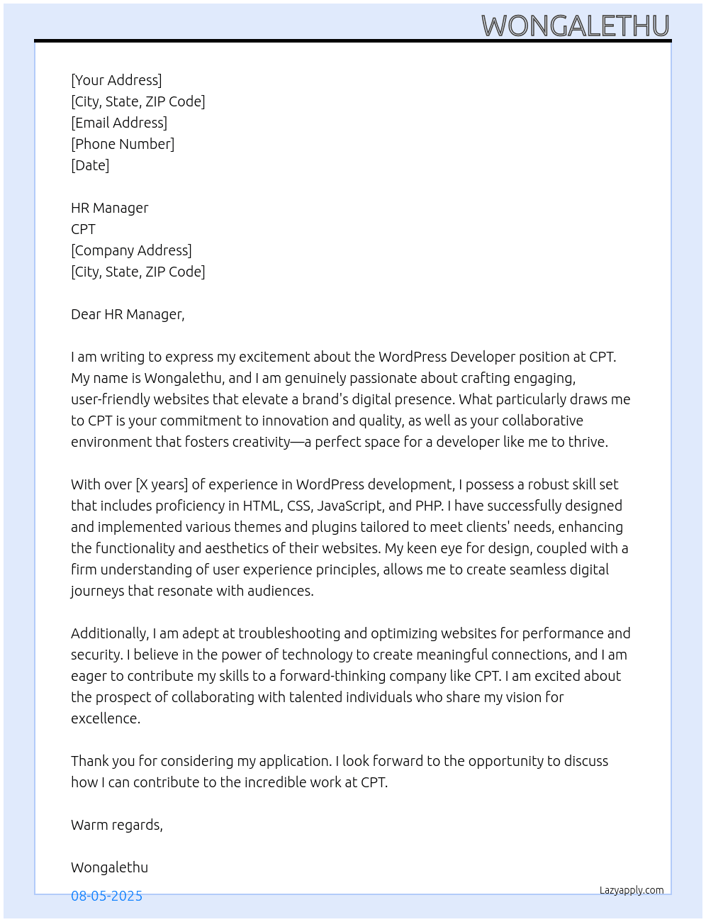 Cover letter for word press developer - LazyApply