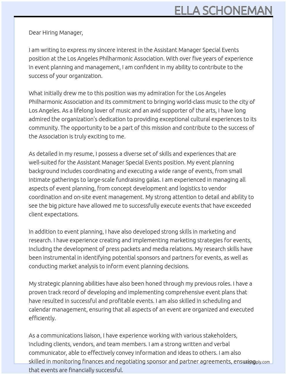 Assistant Manager Special Events At Los Angeles Philharmonic Association Cover Letter