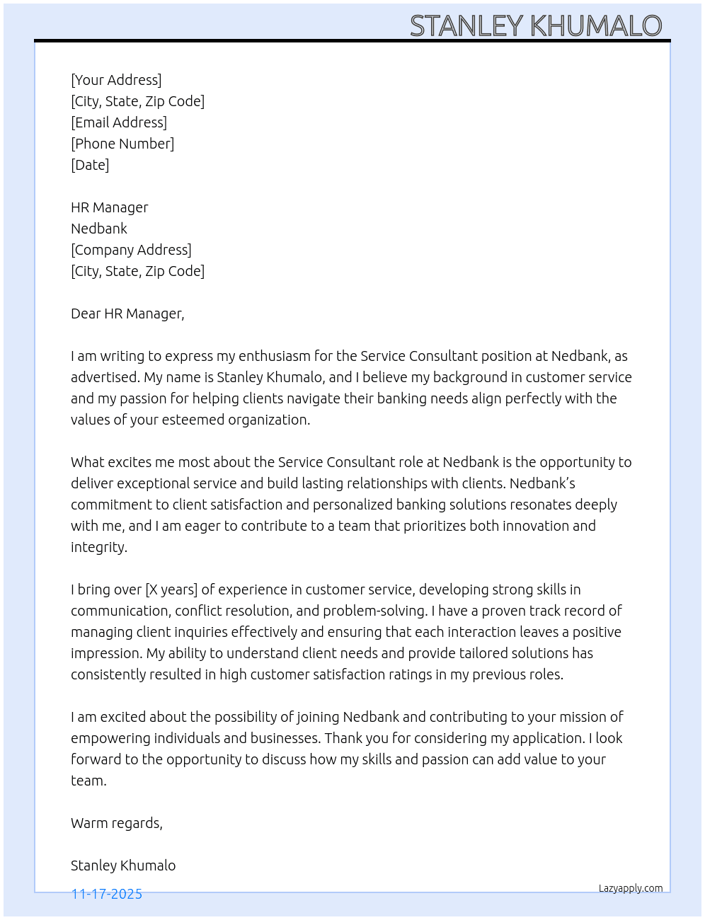 Service Consultant  At Nedbank  Cover Letter