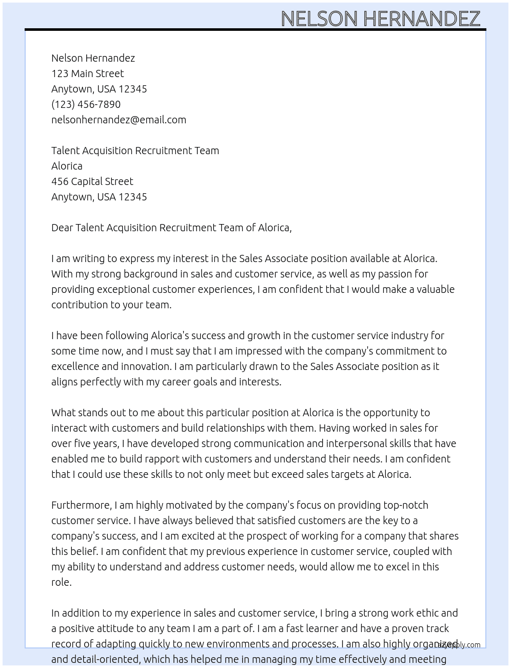 Sales Associate  At Alorica Cover Letter