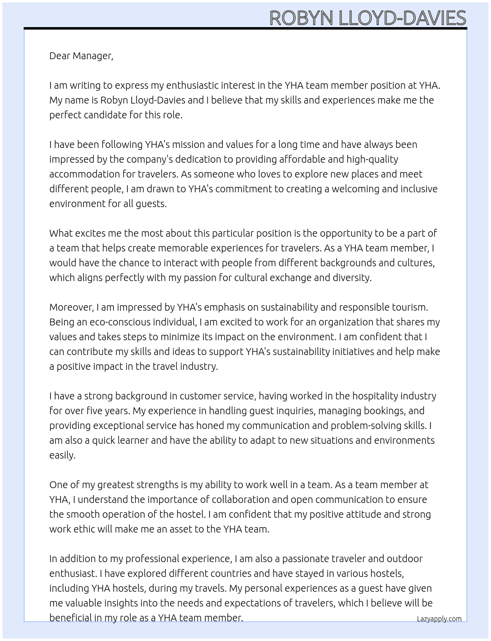 YHA team member At YHA Cover Letter