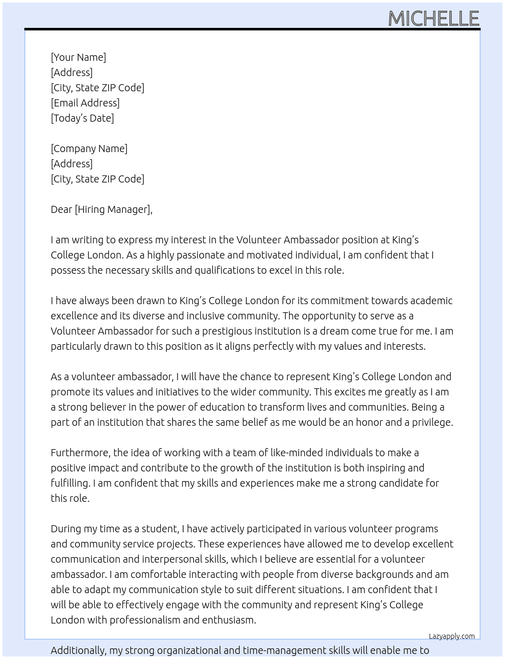 volunteer ambassador At King's College London  Cover Letter