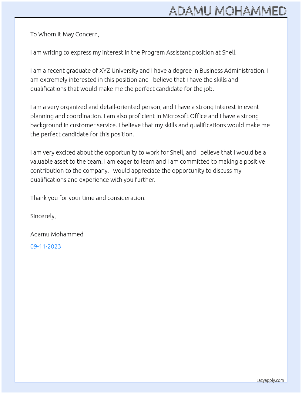 Program Assistant At Shell Cover Letter