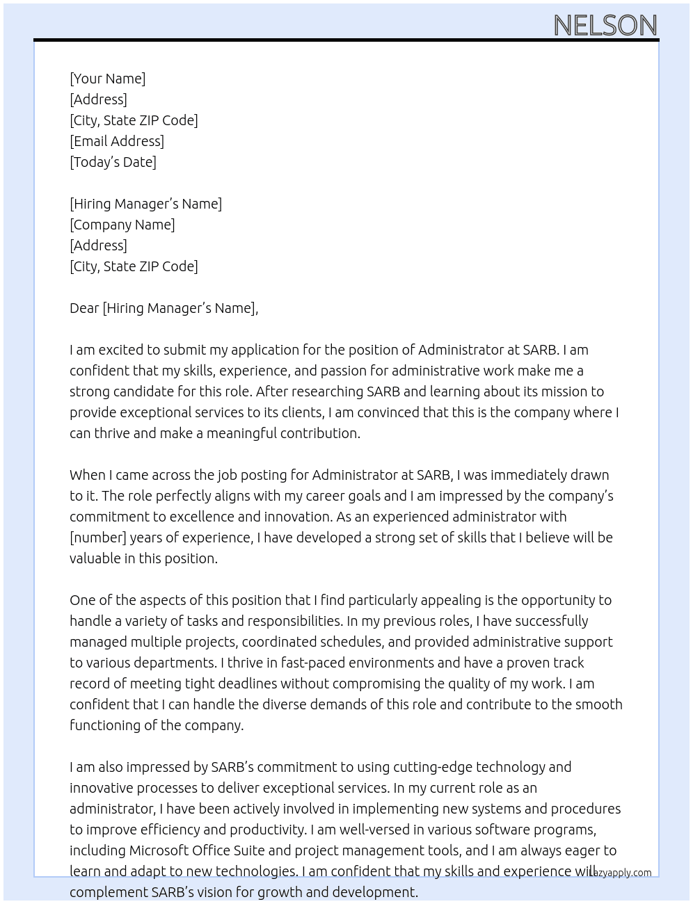 Administrator At SARB Cover Letter