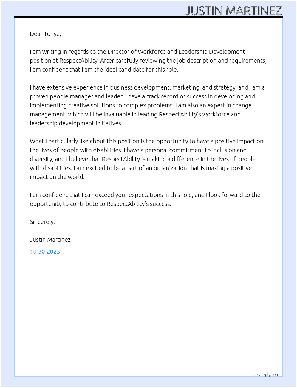 Director of Workforce and Leadership Development  At RespectAbility  Cover Letter