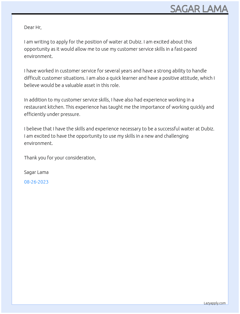 Waiter At Dubiz Cover Letter