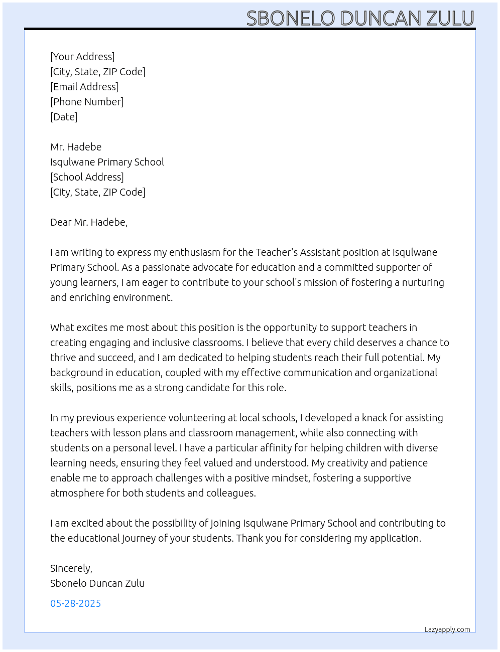Teachers assistant At Isqulwane primary school Cover Letter