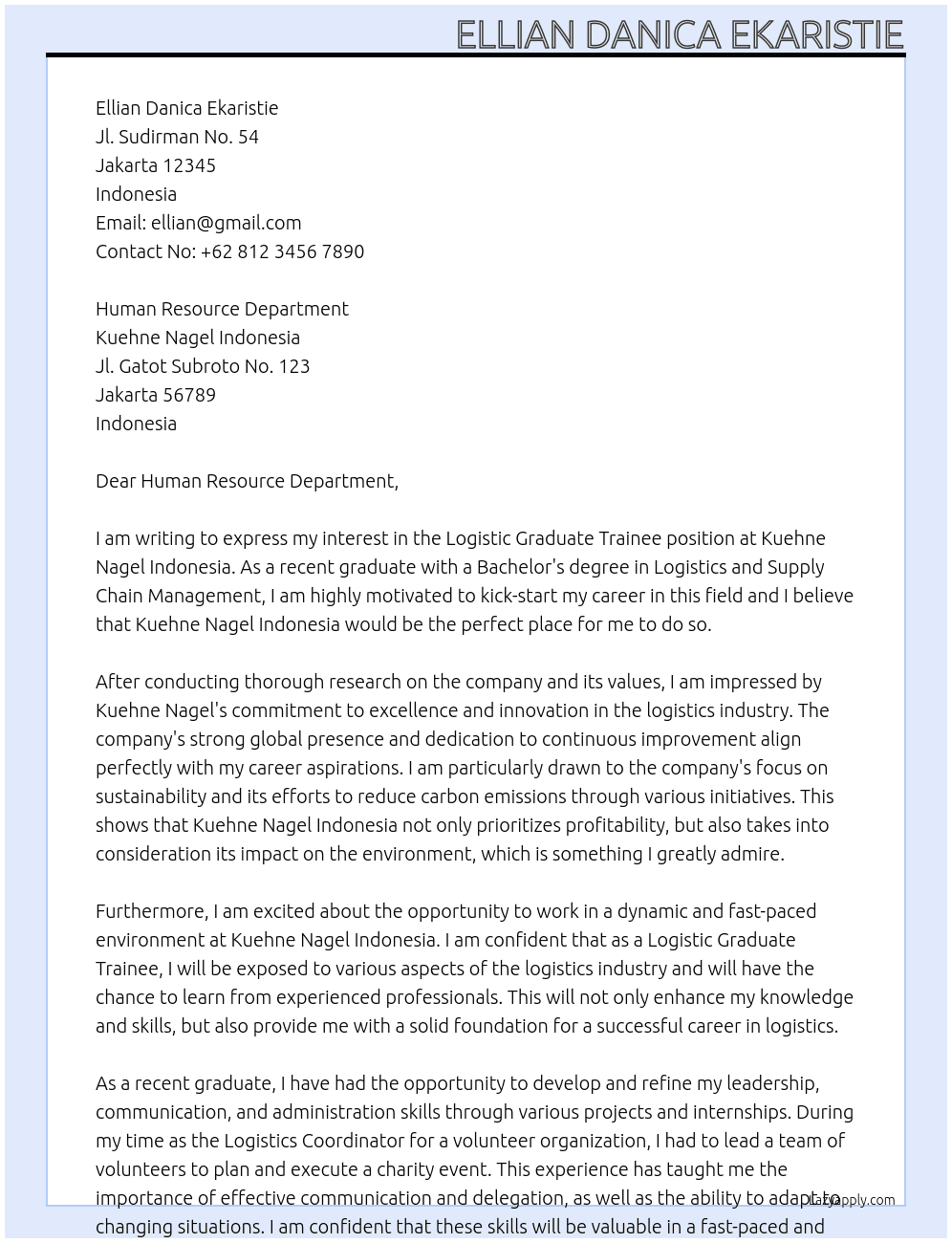 Logistic Graduate Trainee At Kuehne Nagel Indonesia Cover Letter