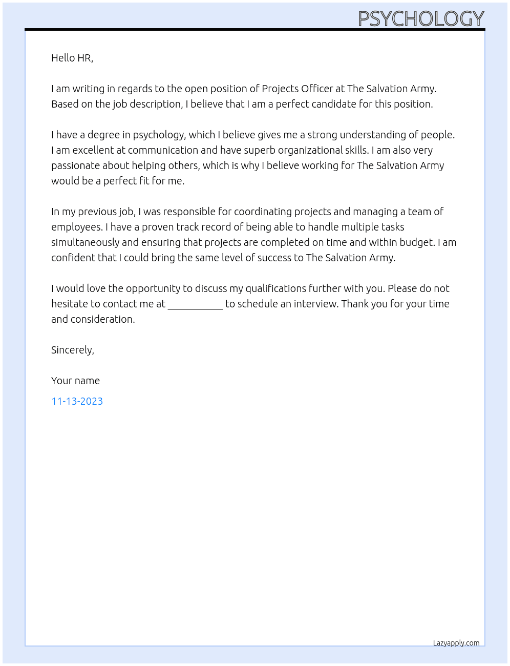 Projects Officer At Salvation Army Cover Letter