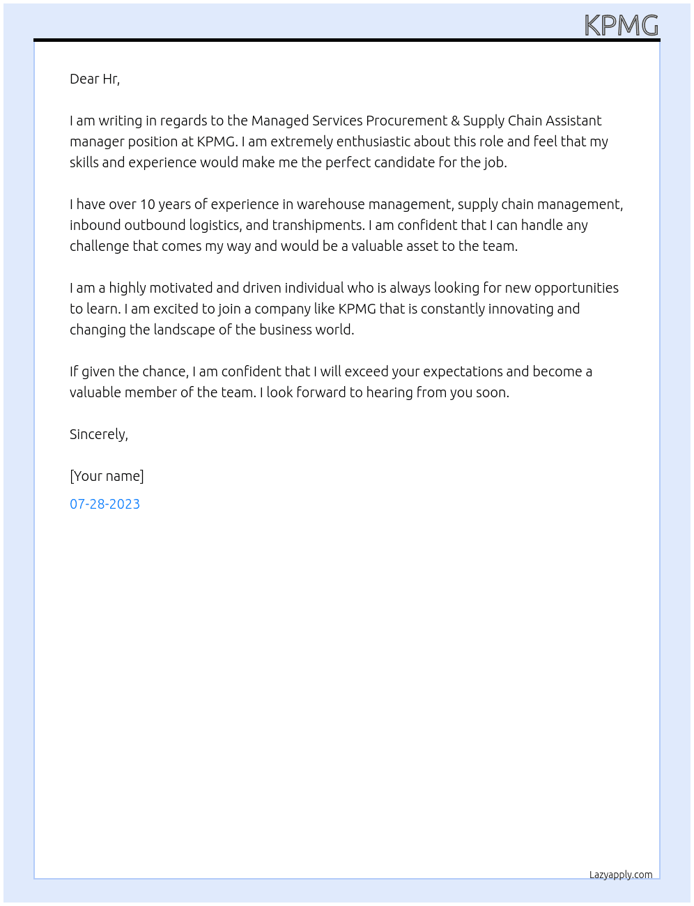 Cover letter for managed services procurement & supply chain assistant manager - LazyApply