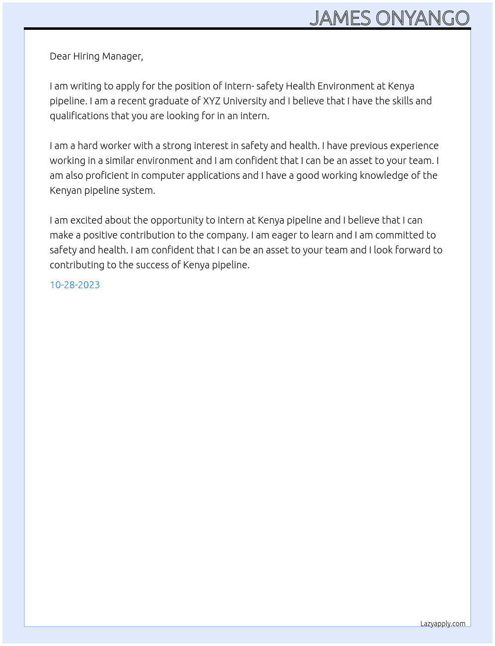Intern- safety Health Environment At Kenya pipeline Cover Letter