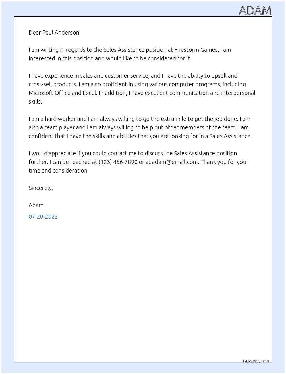 Sales Assistance At Firestorm Games Cover Letter