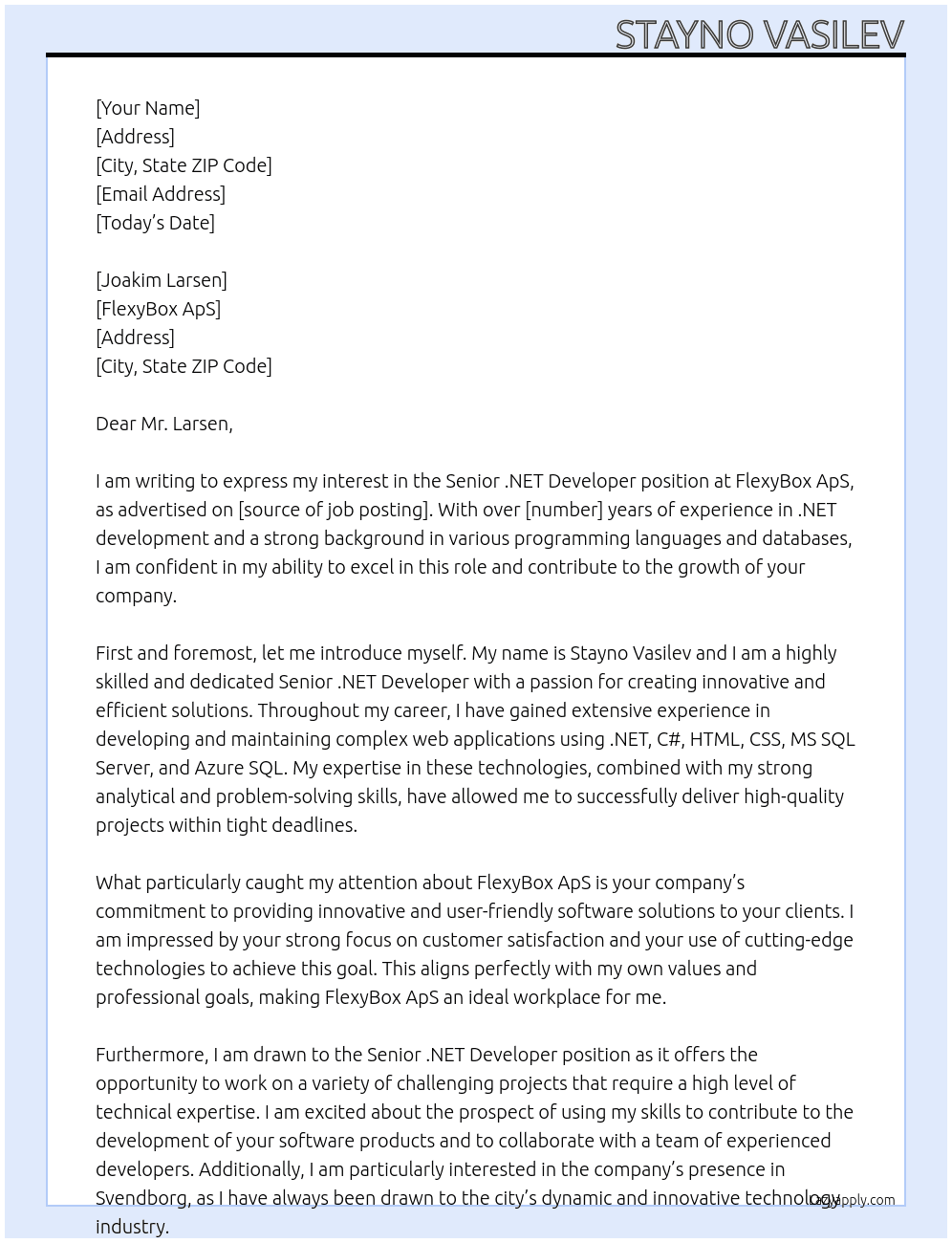 Senior .NET Developer At FlexyBox ApS Cover Letter