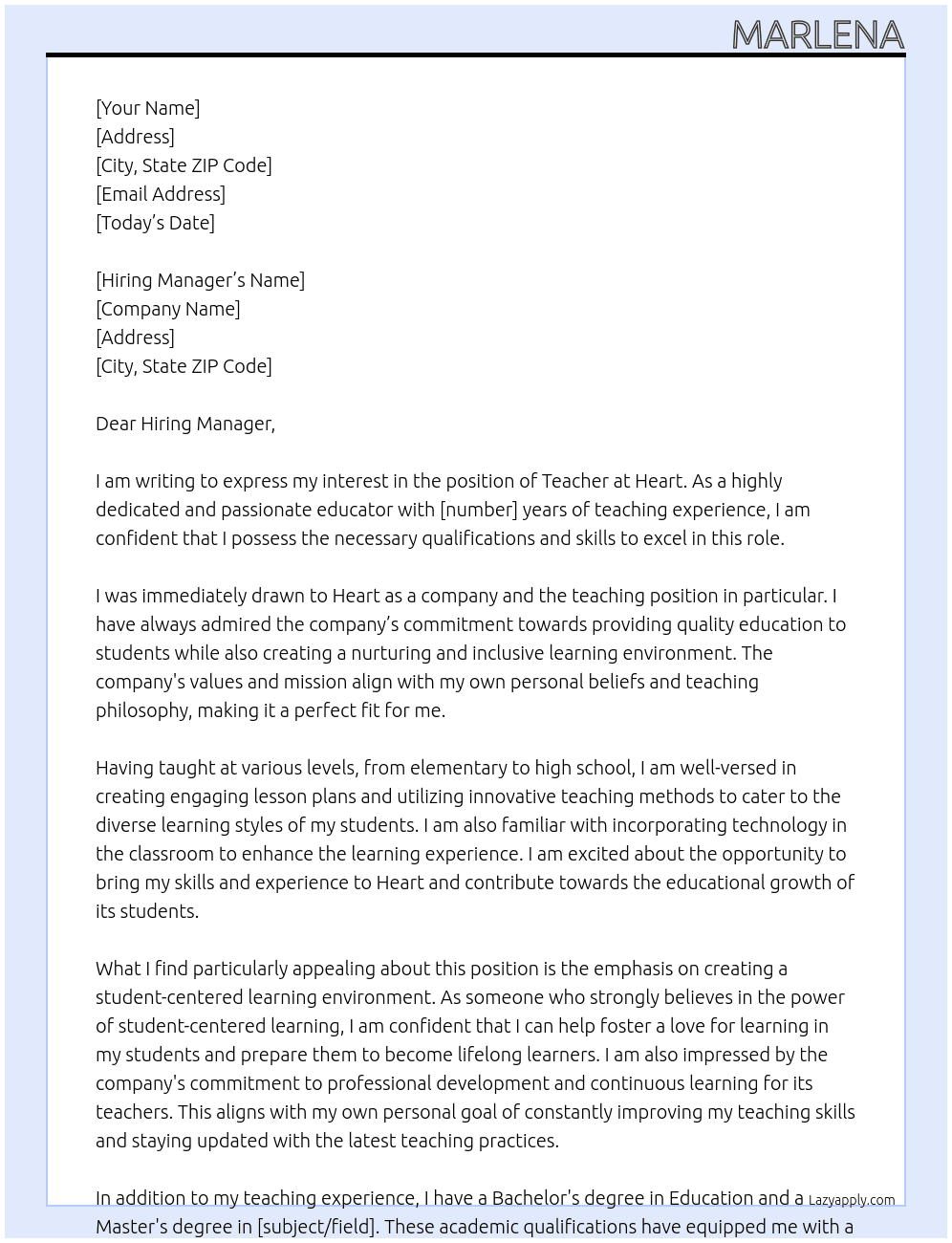 Teacher At Heart Cover Letter