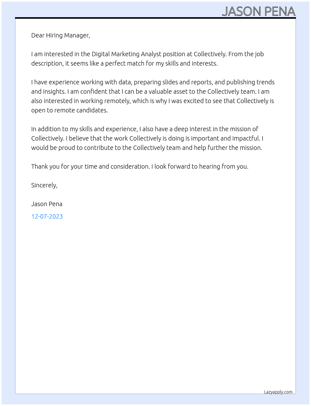 Digital Marketing Analyst At Collectively Cover Letter