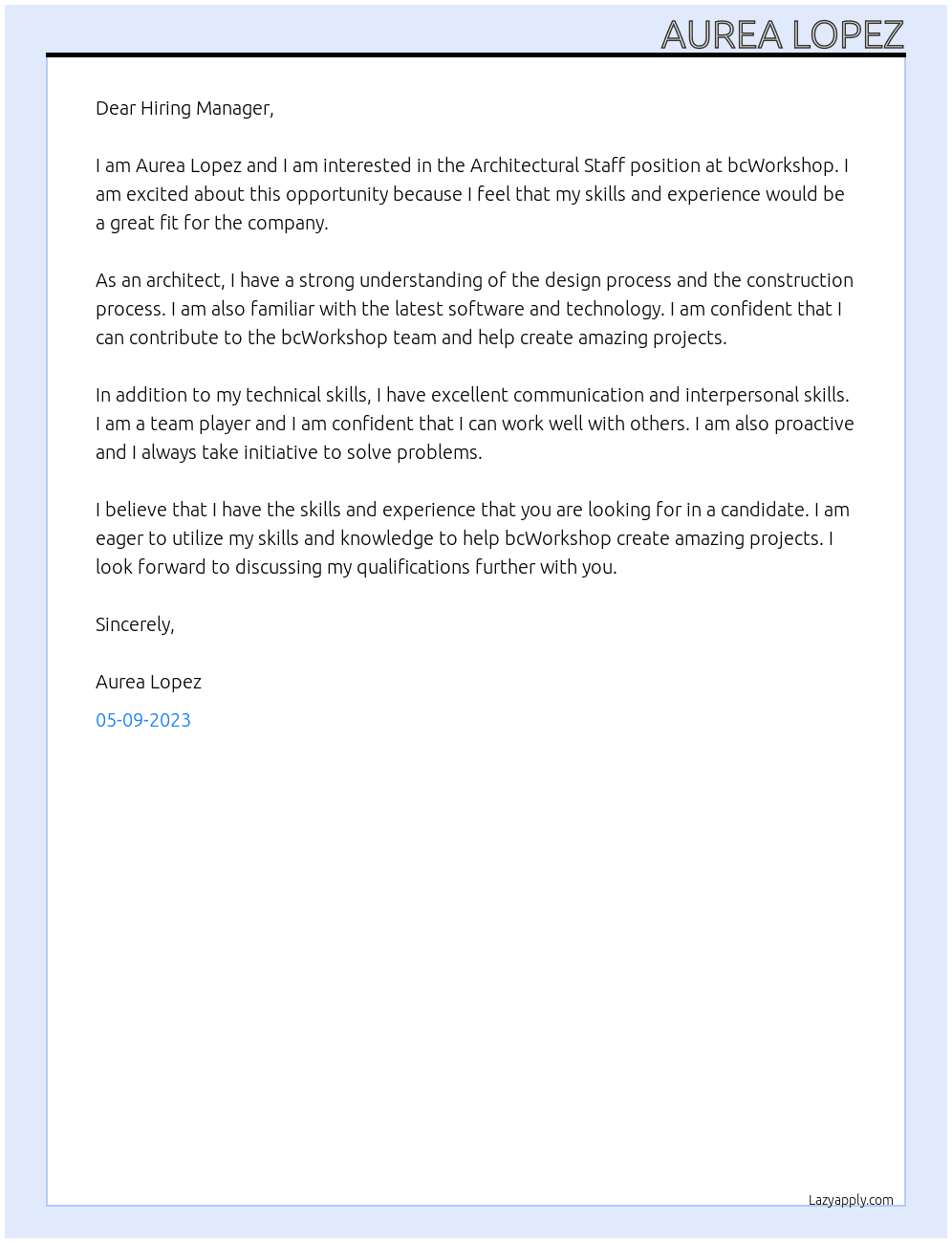 Architectural Staff At bcWorkshop Cover Letter