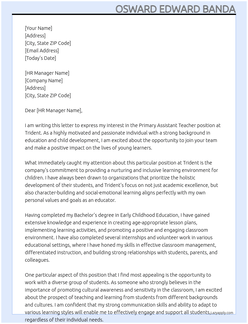 PRIMARY ASSISTANT TEACHER  At TRIDENT Cover Letter