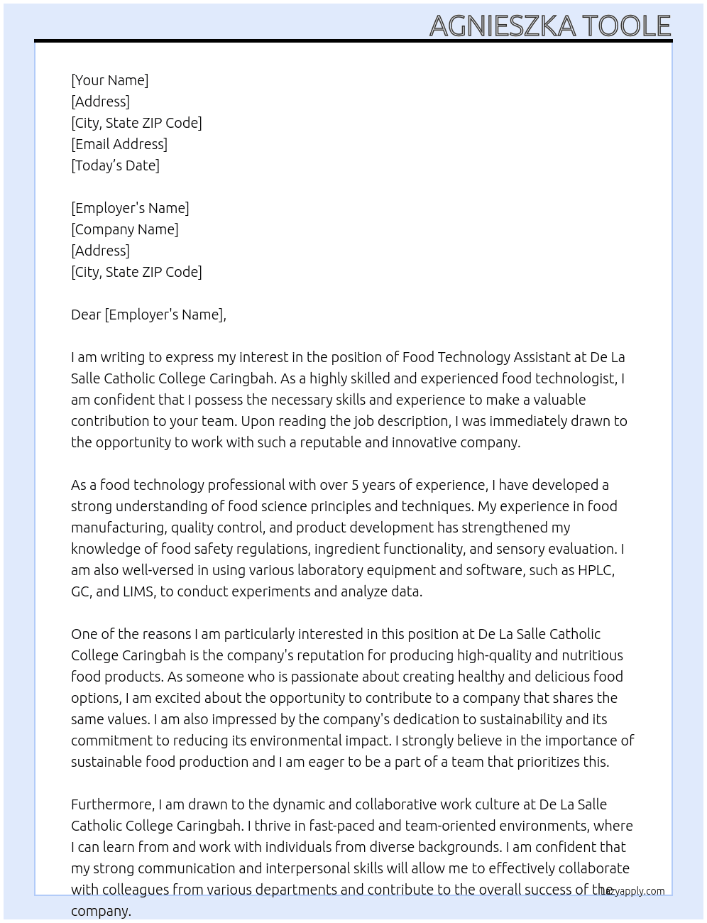 Food Technology Assistant At De La Salle Catholic College Caringbah  Cover Letter