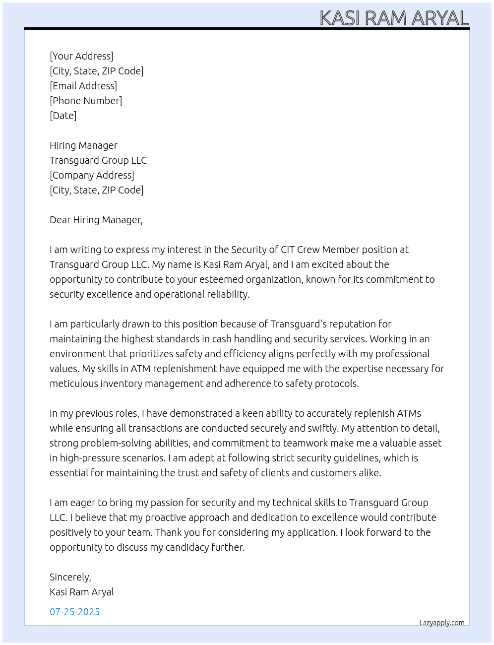 SECURITY OF CIT CREW MEMBER  At TRANSGUARD GROUP LLC Cover Letter